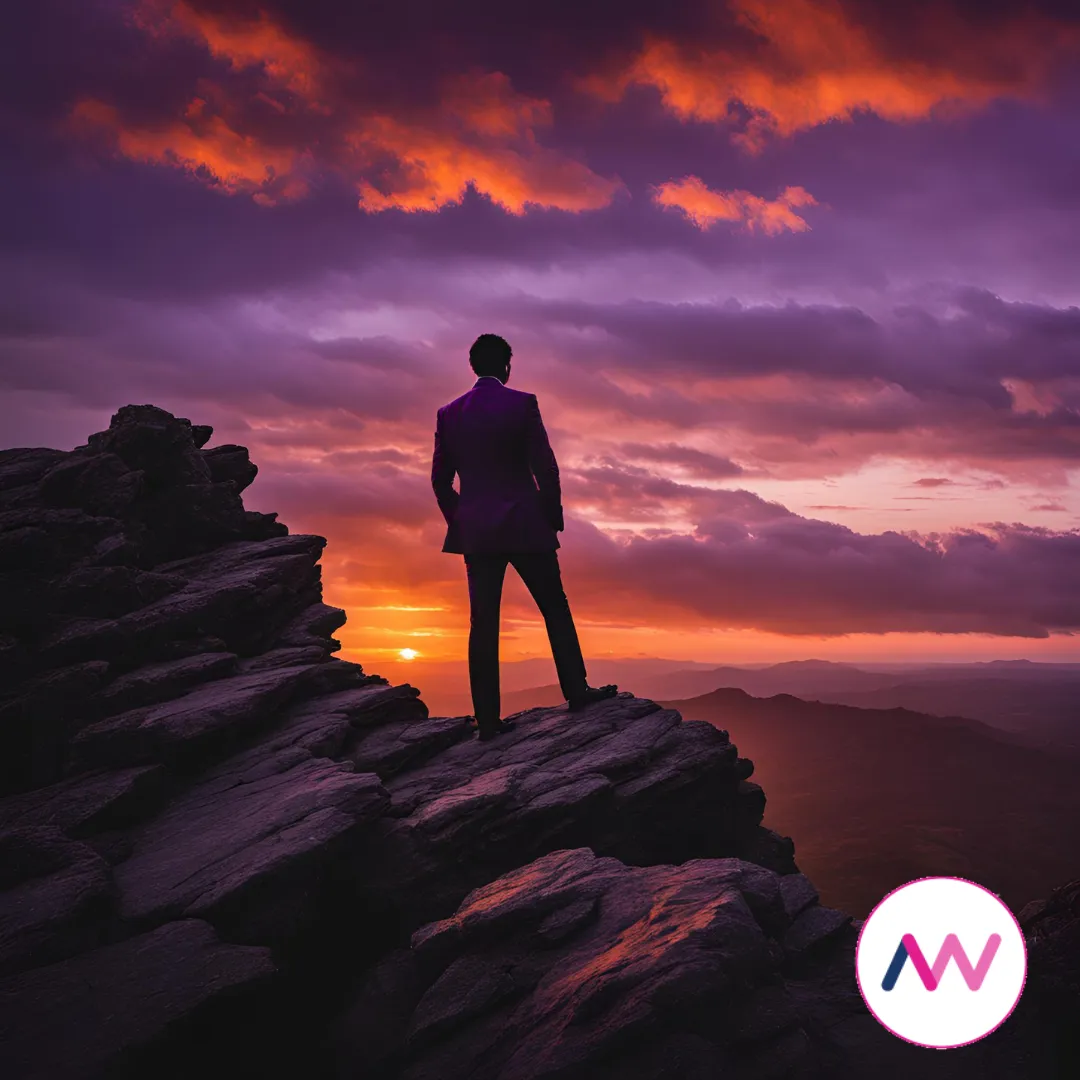 Image of a Businessman on the edge of a mountain representing learning business the hard way