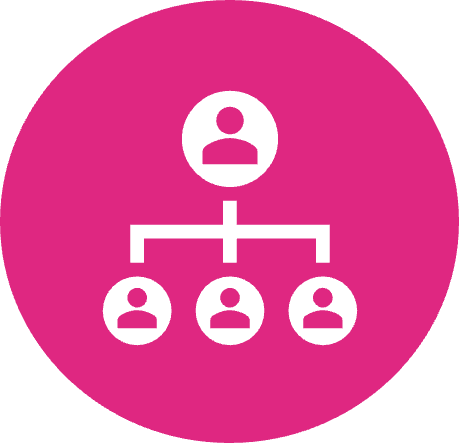 A pink graphic showing a team and a team leader