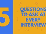A graphic image displaying Aaron Wallis 5 questions to ask at every interview