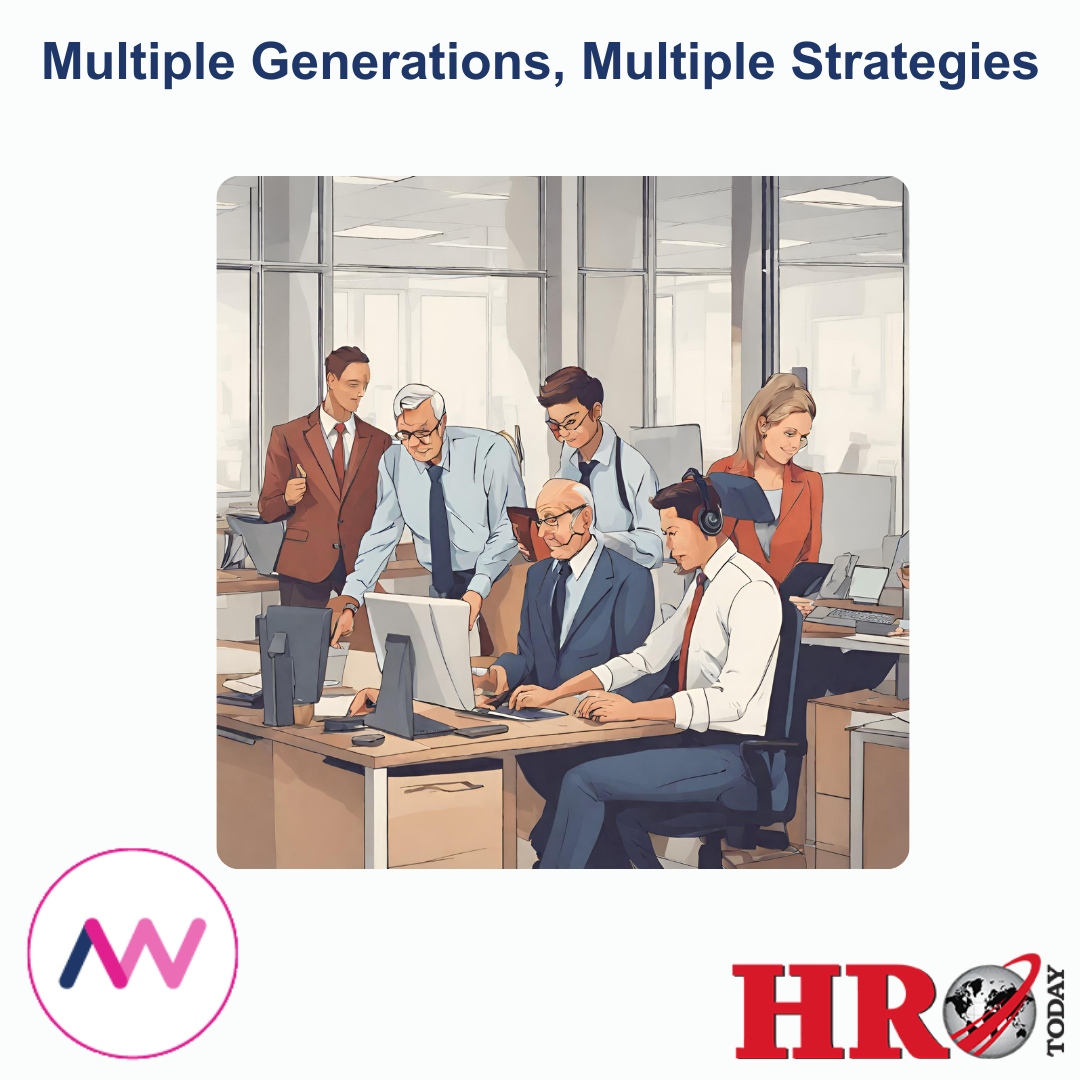 A cartoon of multiple generations in the workplace