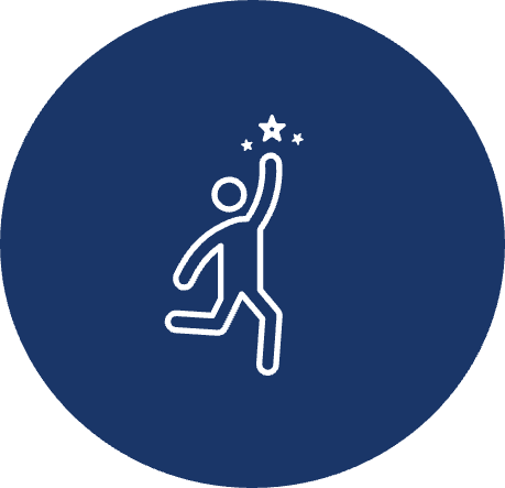 A blue circular graphic of a person grabbing a star