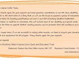 A graphic image displaying the Aaron Wallis MK Dons disability football fundraiser, June 2011