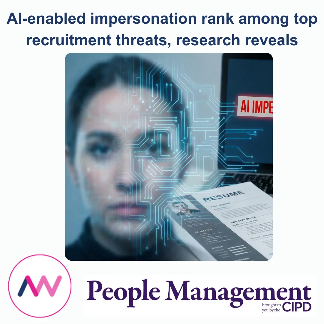 A graphic of an AI impersonating a person in an online interview with a fake resume